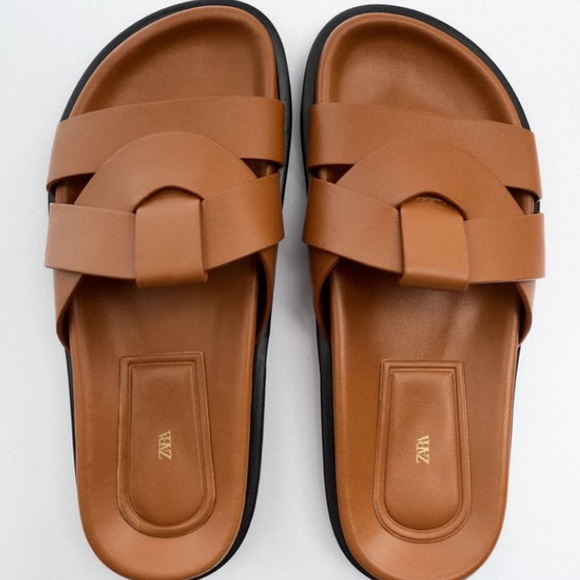 Zara brown low heeled crossed leather sandals NWT